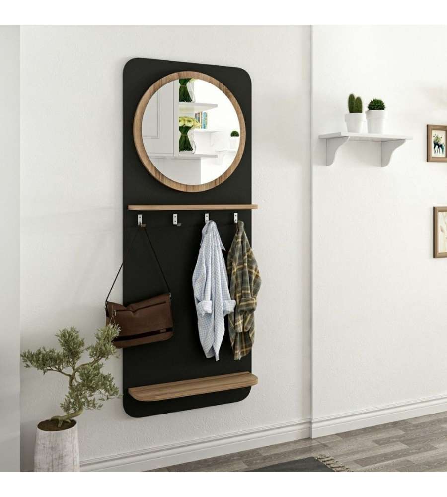 Effezeta Mobile Ingresso Slim - Nero con Specchio e Appendiabiti - 60x15x150 cm