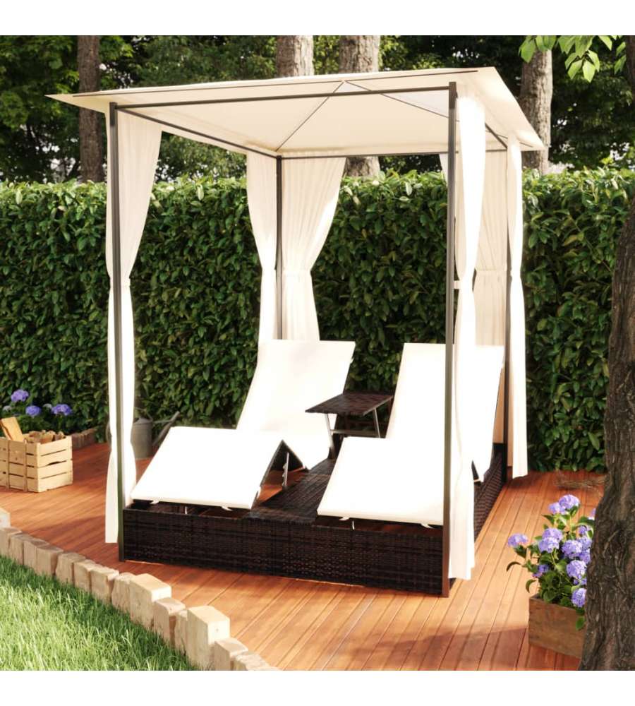 Lettino Prendisole Doppio con Tende in Polyrattan Marrone