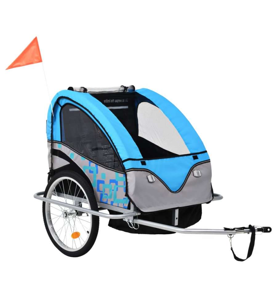Rimorchio da Bici per Bambini e Passeggino 2 in 1 Blu e Grigio