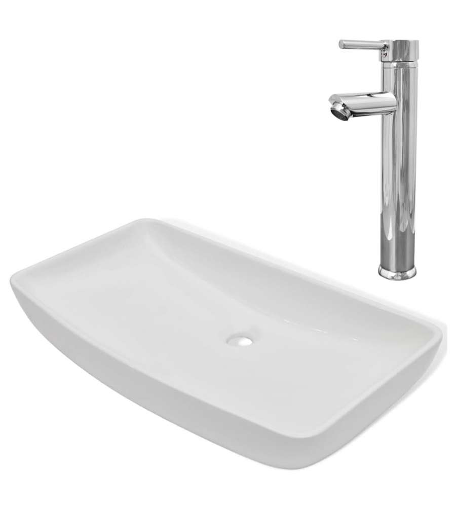Lavello Bagno con Miscelatore in Ceramica Rettangolare Bianco