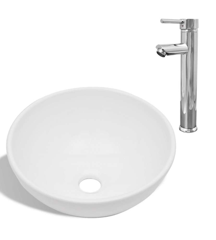Lavello Bagno con Miscelatore in Ceramica Rotondo Bianco
