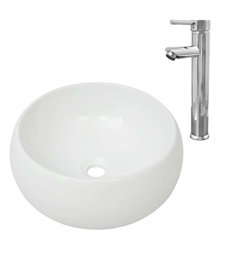 Lavello Bagno con Miscelatore in Ceramica Rotondo Bianco