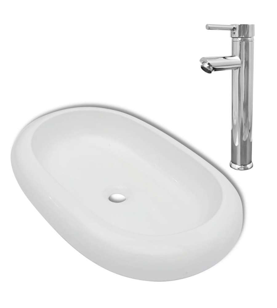 Lavello Bagno con Miscelatore in Ceramica Ovale Bianco