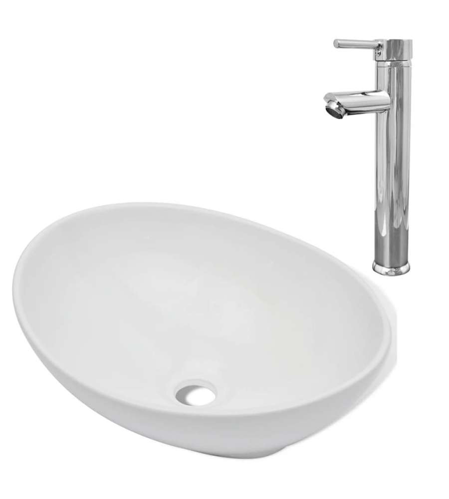Lavello Bagno con Miscelatore in Ceramica Ovale Bianco