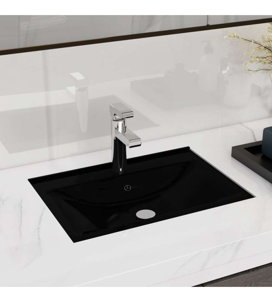 Lavandino Bagno Ceramica Nera Rettangolare e Foro di Trabocco