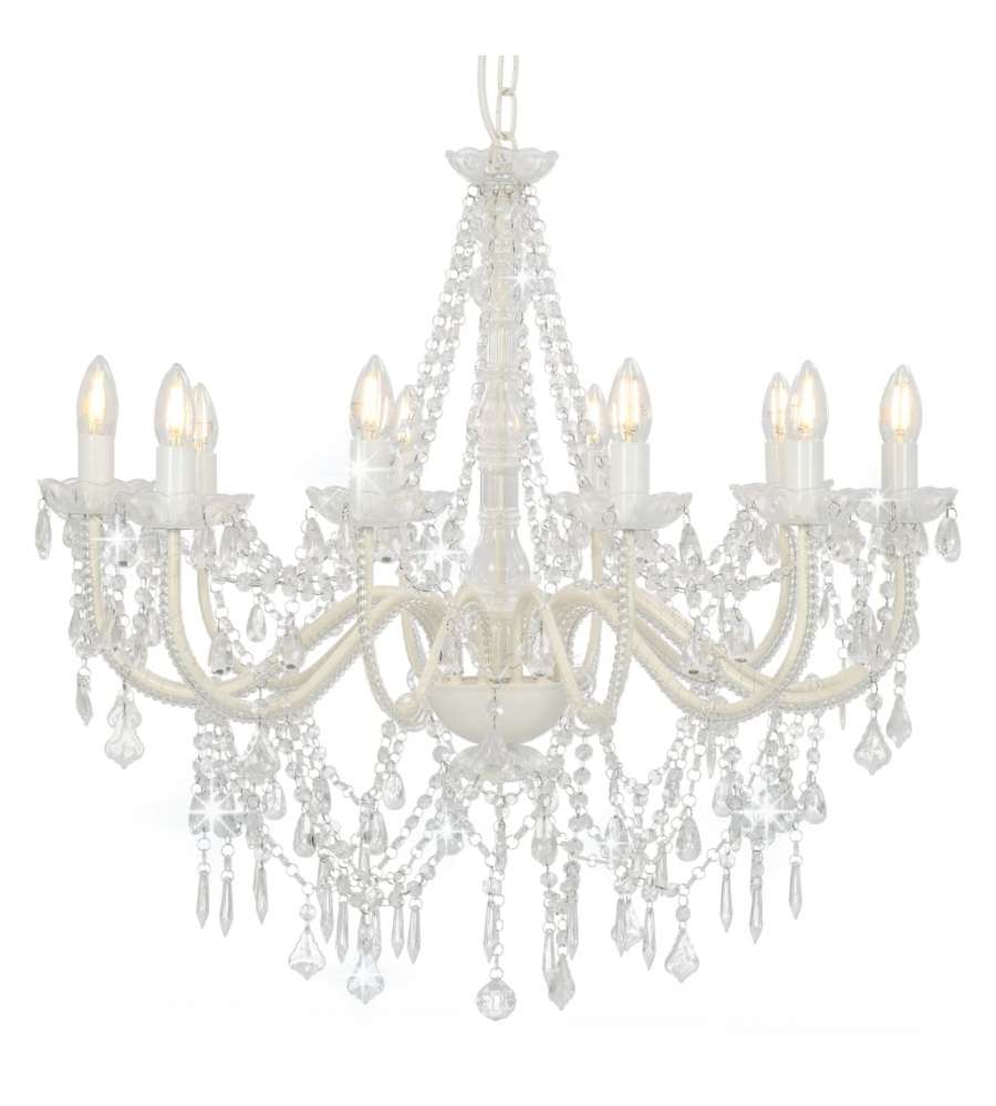 Lampadario con Perline Bianco 12 Lampadine E14