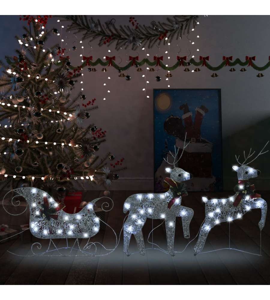 Renne e Slitta Decorazione Natalizia per Esterni 60 LED Argento