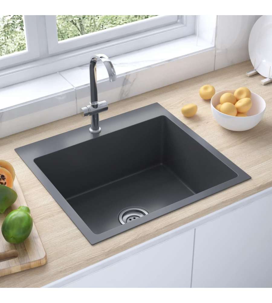 Lavello da Cucina 1 vasca Nero Acciaio Inox con foro 53x50x20 cm