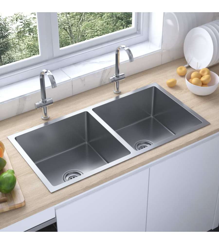 Lavello da Cucina 2 vasche in Acciaio Inox 86.5x44x20 cm