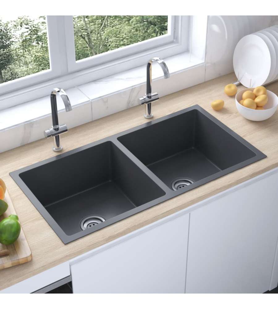 Lavello da Cucina 2 vasche Nero Acciaio Inox 86.5x44x20 cm