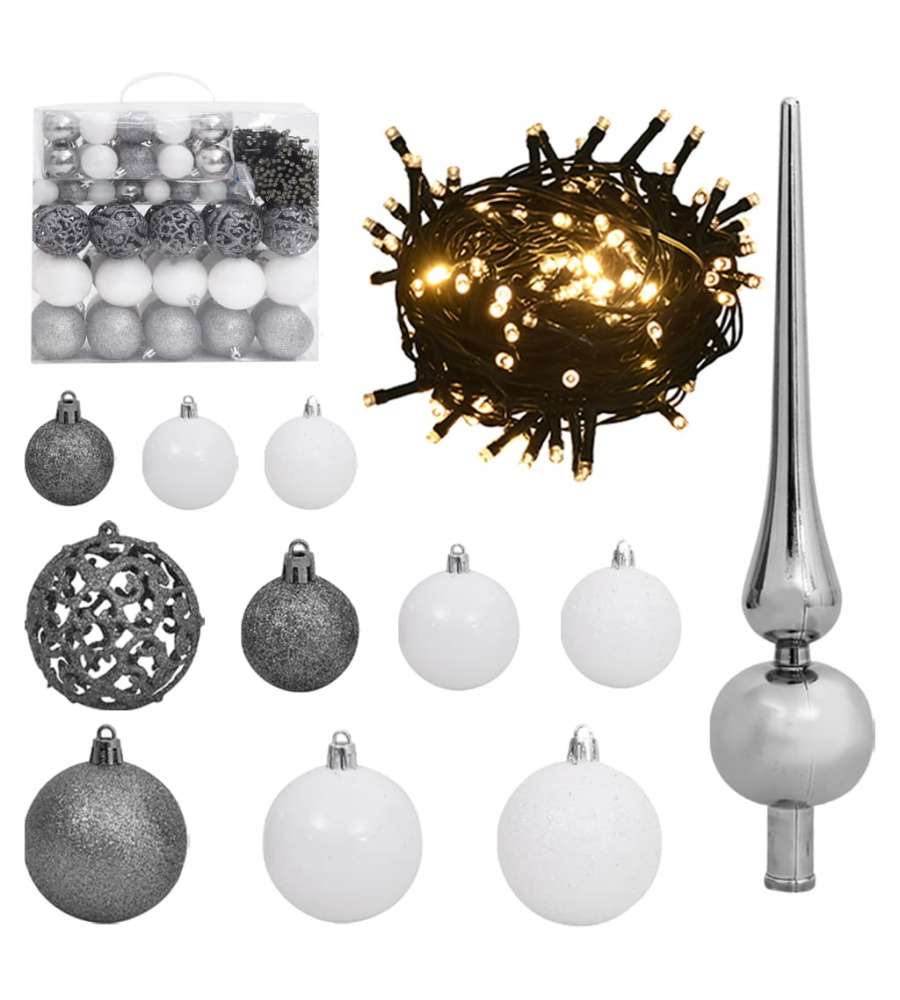 Set Natale con 120 Palline Punta e 300 Luci LED Bianco e Grigio