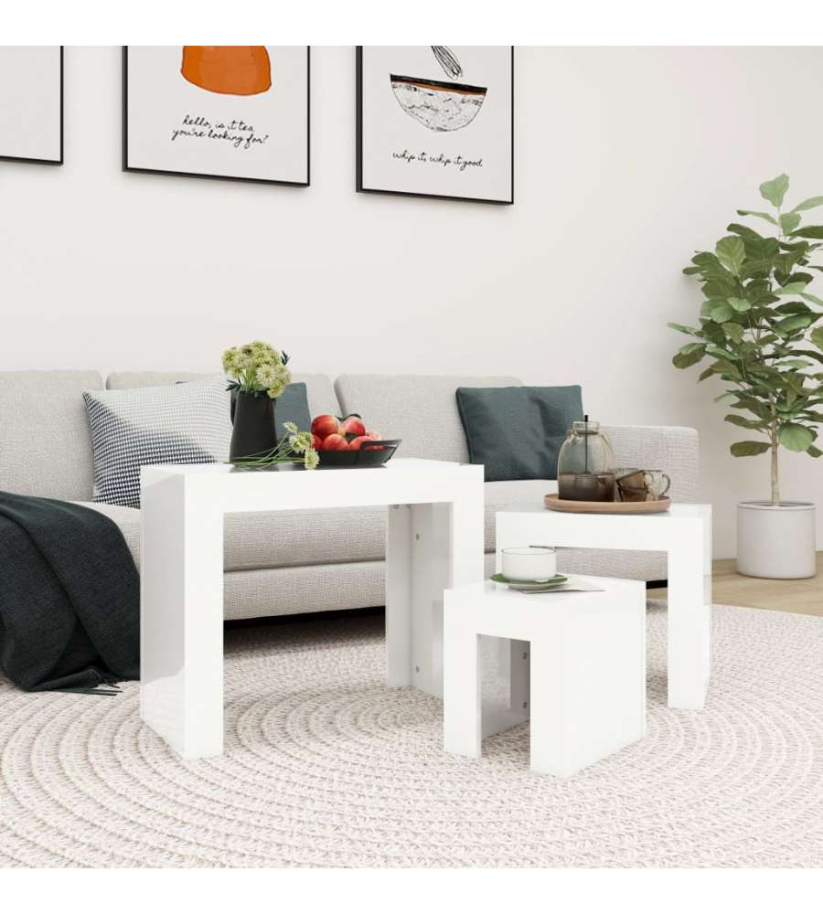 Tavolini da Salotto Impilabili 3 pz Bianco Lucido in Truciolato