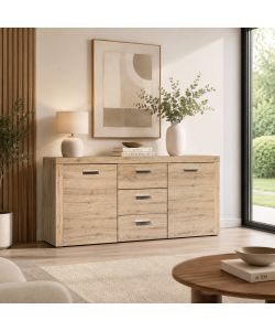 Madia Credenza in Legno Effetto Rovere 167x41x77 cm con Ante e Cassetti - Manuel