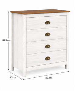 Domo Mea Cassettiera Bianca 84 cm Topazio  - 4 Cassetti con Maniglie Ottone