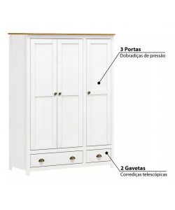 Armadio Topazio in Pino Massello Bianco - 3 Ante e 2 Cassetti 135x185 cm