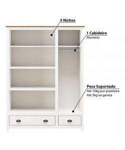 Armadio Topazio in Pino Massello Bianco - 3 Ante e 2 Cassetti 135x185 cm