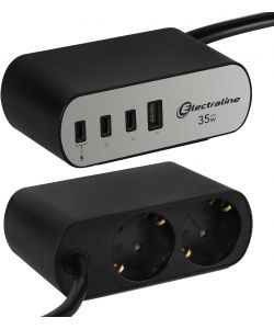 Multipresa da scrivania con 2 prese Schuko + 4 prese USB (3C+1A) Nera Electraline