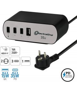 Multipresa da scrivania con 2 prese Schuko + 4 prese USB (3C+1A) Nera Electraline