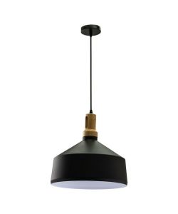 Lampadario LED in Metallo a Coppa con Portalampada E27 (Max 60W) Colore Nero Opaco e Attacco in Legno