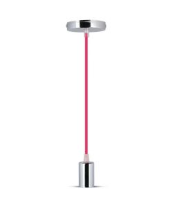 Lampadario LED a Cilindro in Metallo con Portalampada E27 (Max 60W) Colore Cromato e Cavo Fucsia