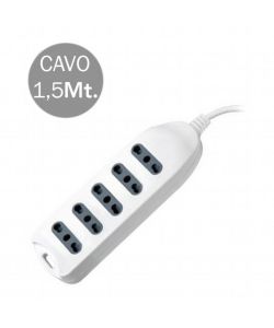 Multipresa con Cavo 1,5mt 5 Prese 10/16A 2P+T Bipasso con Attacco a Parete con Spina 16A 2P+T Colore Bianco