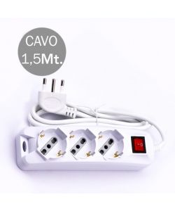 Multipresa con Cavo 1,5mt 3 Prese 10/16A 2P+T Bipasso + Shuko Interruttore Luminoso Spina 16A 2P+T Colore Bianco