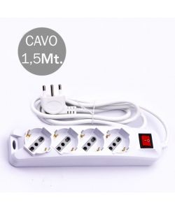 Multipresa con Cavo 1,5mt 4 Prese 10/16A 2P+T Bipasso + Shuko Interruttore Luminoso Spina 16A 2P+T Colore Bianco