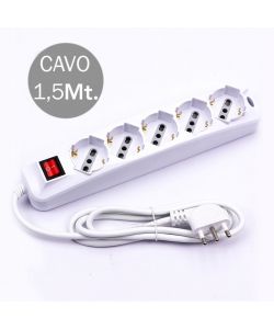 Multipresa con Cavo 1,5mt 5 Prese 10/16A 2P+T Bipasso + Shuko Interruttore Luminoso Spina 16A 2P+T Colore Bianco