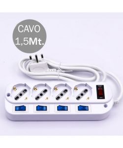 Multipresa con Cavo 1,5mt 4 Prese 10/16A 2P+T Bipasso + Shuko a 45 Interruttore Generico 4 Singoli Spina 16A 2P+T
