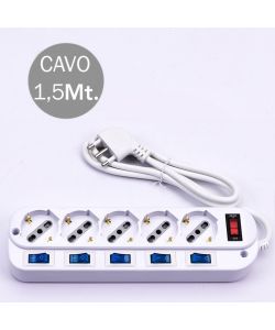 Multipresa con Cavo 1,5mt 5 Prese 10/16A 2P+T Bipasso + Shuko a 45 Interruttore Generico 5 Singoli Spina 16A 2P+T