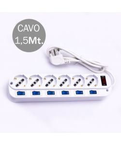 Multipresa con Cavo 1,5mt 6 Prese 10/16A 2P+T Bipasso + Shuko a 45 Interruttore Generico 6 Singoli Spina 16A 2P+T