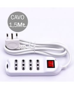 Multipresa con Cavo 1,5mt 4 Prese 10/16A 2P+T Bipasso con Interruttore Luminoso e Spina 16A 2P+T Colore Bianco