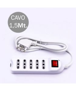 Multipresa con Cavo 1,5mt 5 Prese 10/16A 2P+T Bipasso con Interruttore Luminoso e Spina 16A 2P+T Colore Bianco