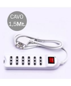 Multipresa con Cavo 1,5mt 6 Prese 10/16A 2P+T Bipasso con Interruttore Luminoso e Spina 16A 2P+T Colore Bianco