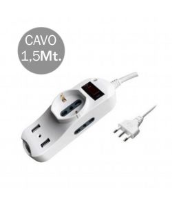 Multipresa con Cavo 1,5mt 2Prese Laterali 10/16A 2P+T Bipasso 1Frontale 10/16A 2P+T Shuko 2USB Interruttore Spina 16A 2P+T