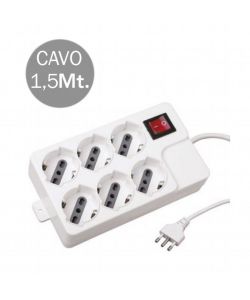 Multipresa con Cavo 1,5mt 6 Prese 10/16A 2P+T Bipasso + Shuko con Interruttore Luminoso Spina 16A 2P+T Colore Bianco