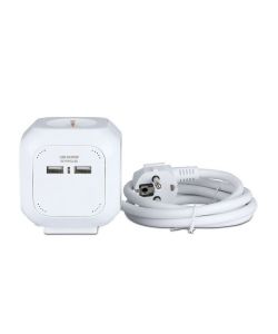 Multipresa Cubica con Cavo 1,4 mt 4 Prese Shuko e 2 USB e Spina Shuko Colore Bianco