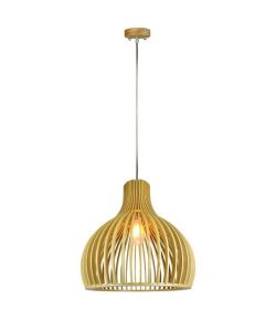 Lampadario LED in Legno a Sospensione con Portalampada E27 (Max 60W) Cappuccio Cromato e Paralume a Imbuto d: 350x450mm 1mt Cavo