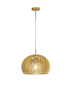 Lampadario LED in Legno a Sospensione con Portalampada E27 (Max 60W) Cappuccio Cromato e Paralume Rotondo d: 330x220mm 1mt Cavo