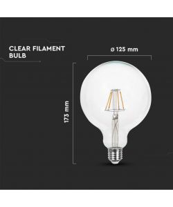 V-TAC Lampadina LED E27 12W 120LM/W G125 Filamento Trasparente 6500K
