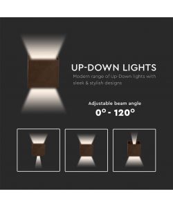 V-TAC Lampada LED da Muro Quadrata Doppio LED COB 11W 140LM/W Colore Corten Satinato Fascio Luminoso Regolabile 3000K IP65