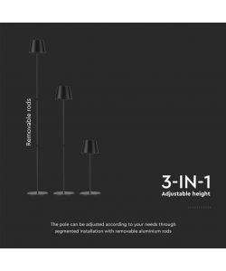 V-TAC Piantana LED 4W Colore Nero in Alluminio con Touch Dimmerabile Altezza regolabile 3in1 3000K IP54