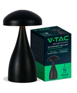 V-TAC Lampada LED da Tavolo 1W con Batteria 800mAh Ricaricabile USB C Colore Nero in Metallo Touch Dimmerabile 3in1
