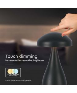 V-TAC Lampada LED da Tavolo 1W con Batteria 800mAh Ricaricabile USB C Colore Nero in Metallo Touch Dimmerabile 3in1