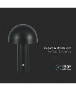 V-TAC Lampada LED da Tavolo 3W con Batteria 1800mAh Ricaricabile USB C Colore Nero in Metallo Touch Dimmerabile 3in1