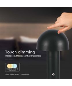 V-TAC Lampada LED da Tavolo 3W con Batteria 1800mAh Ricaricabile USB C Colore Nero in Metallo Touch Dimmerabile 3in1