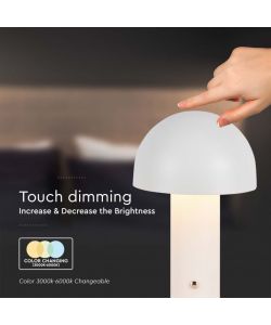 V-TAC Lampada LED da Tavolo 3W con Batteria 1800mAh Ricaricabile USB C Colore Bianco in Metallo Touch Dimmerabile 3in1