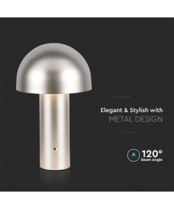V-TAC Lampada LED da Tavolo 3W con Batteria 1800mAh Ricaricabile USB C Colore Champagne Oro in Metallo Touch Dimmerabile 3in1