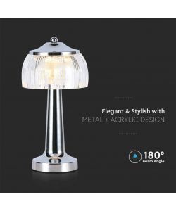 V-TAC Lampada LED da Tavolo 1W 13.5*26.5 Colore Cromo Ricaricabile con USB C Touch Dimmerabile 3in1