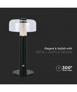 V-TAC Lampada LED da Tavolo 1W Colore Nero e Bianco Trasparente Ricaricabile con USB C Touch Dimmerabile 3in1